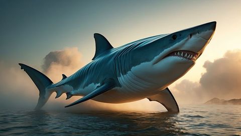 Megalodon breaching ocean at sunset