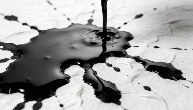 Pouring glossy black ink spreading over fibrous paper towel, macro liquid texture