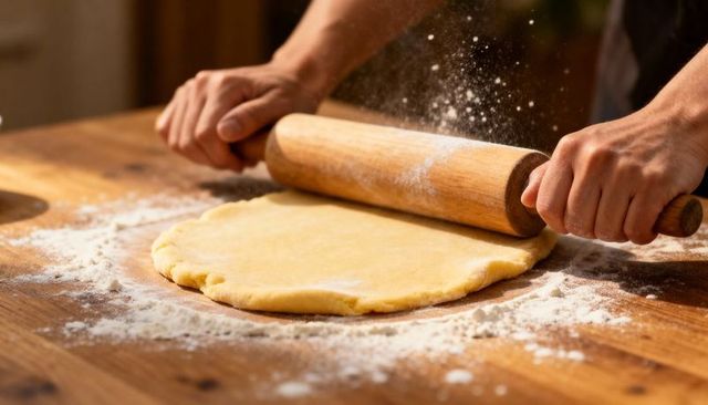 Home Cook Rolling Pastry Dough with Wooden Rolling Pin on Floured Rustic Wood Countertop