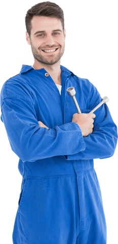 smiling young male mechanic holding spanner on transparent background - Download Free Stock Videos Pikwizard.com