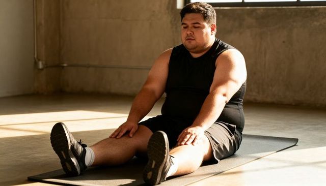 Hispanic plus-size man stretching on fitness mat in sunlit industrial gym with concrete walls