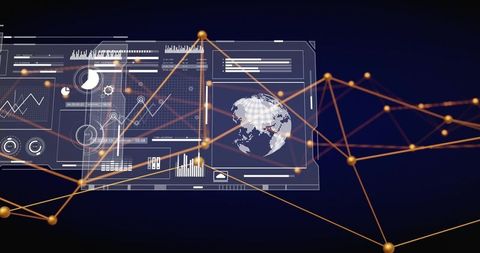 Futuristic Holographic Data Dashboard with Golden Network Mesh and 3D Globe Interface