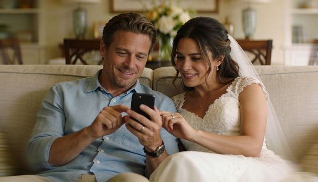 Bride and groom sharing smartphone on couch celebrating wedding moments together