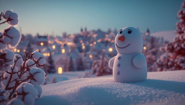 Cheerful snowman overlooking glowing village at twilight