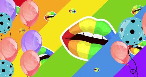 Vibrant rainbow lips with festive lgbtq balloons