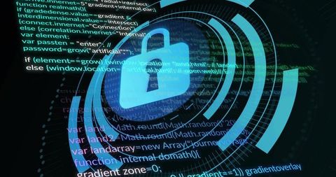 Glowing blue padlock with holographic concentric rings over cyber code representing data encryption