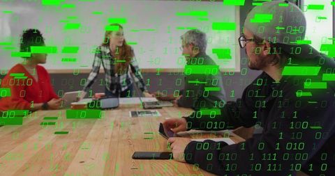 Beanie Glasses Man Scrolling Phone at Team Meeting with Binary Code Cybersecurity Overlay