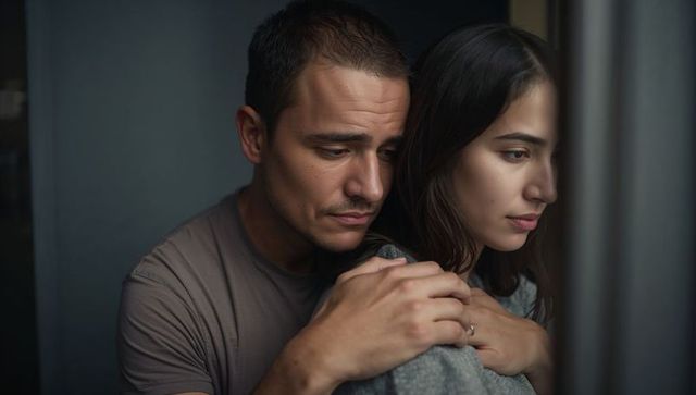 Intimate young couple embracing by window showing engagement ring moody emotional portrait