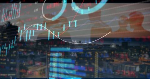 Financial Growth Overlay on Urban Skyline at Night