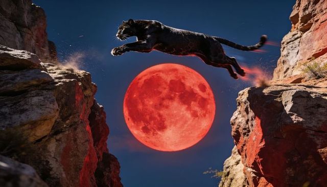 Melanistic panther leaping across canyon gap under dramatic blood red moonlit sky