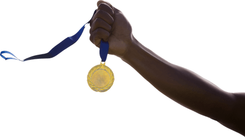 Triumphant Holding of Gold Medal on Transparent Background