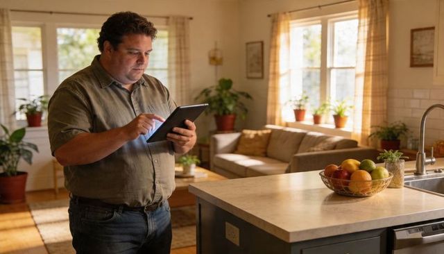 Midlife man browsing tablet in sunlit open-plan kitchen with fruit bowl and plants
