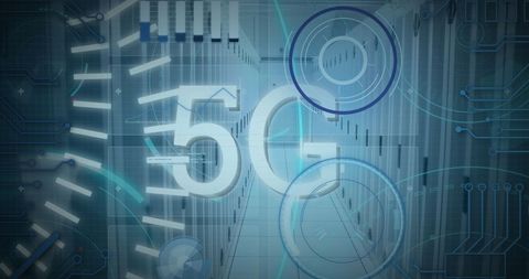 Futuristic digital representation featuring 5G technology interconnected with advanced server infrastructure. Great for concepts related to technological advancement, digital transformation, and modern connectivity. Suitable for use in tech industry publications, websites related to telecommunications, or presentations on global digital networks.