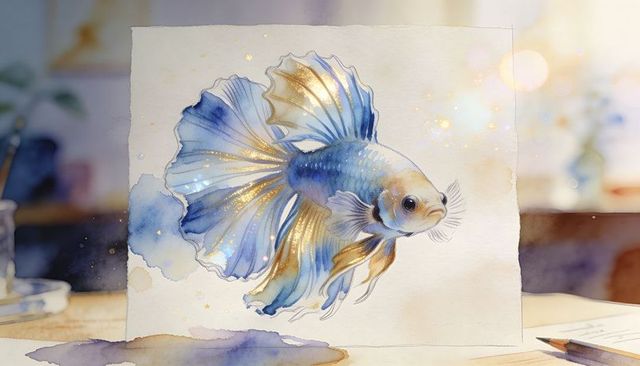 Gilded blue betta watercolor on textured paper with metallic gold shimmer on worktable
