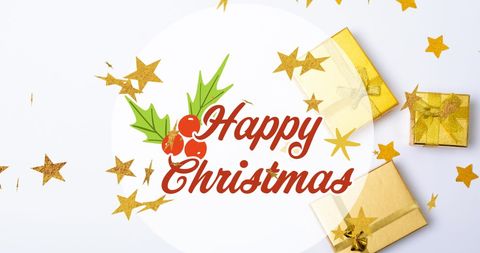 Festive Happy Christmas Greeting with Gold Gifts and Stars - Download Free Stock Images Pikwizard.com