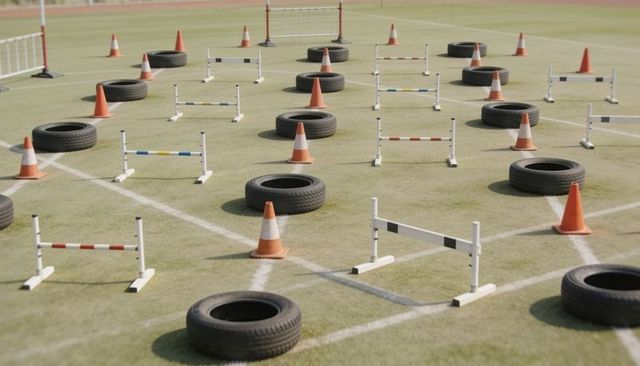 Outdoor agility obstacle course featuring orange cones, tires and colorful hurdles on turf