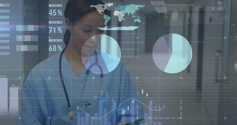 Nurse reviewing digital health dashboard on tablet with data overlays in hospital corridor