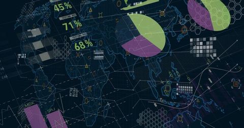 Abstract Digital Data Dashboard with World Map Overlay