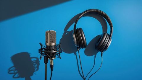Studio microphone and headphones on blue background