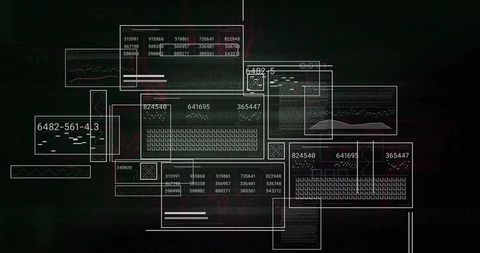 Overlapping Cyber Data Dashboards Displaying Neon Glitch Grids, Code Streams, Waveforms