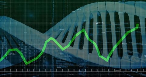 Futuristic DNA Helix with Analytics and Green Line Graph Overlay