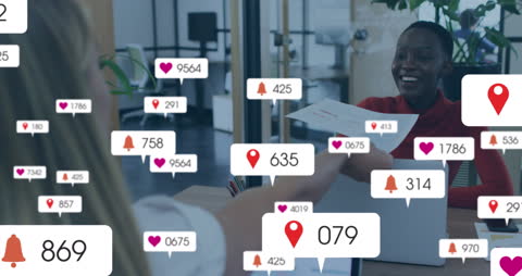 Business Team Analyzing Social Media Trends with Overlapping Icons