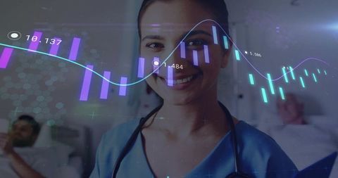 Smiling Nurse with Digital Data Overlay in Hospital Ward