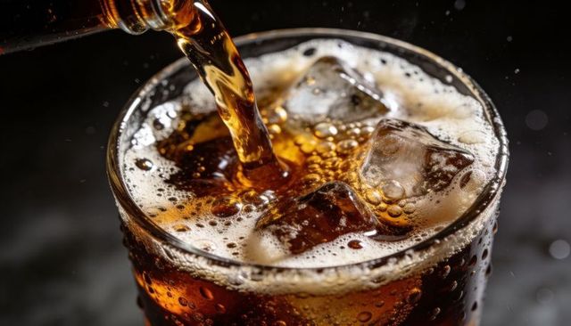 Pouring cola over ice in tumbler creating bubbles, foam and condensation close-up