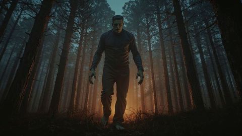 Frankenstein monster stalking through foggy forest at dusk