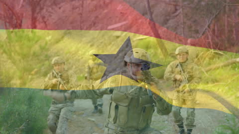 Ghanaian Flag Overlay on Diverse Soldiers Marching