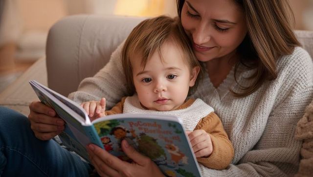 Mother cradling toddler and reading colorful picture book on cozy sofa during storytime