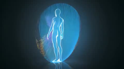 Holographic Human Outline Rotating Inside Luminous Energy Shell on Reflective Floor
