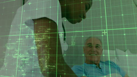 Healthcare Professional Monitoring Elderly Patient with Digital Interface