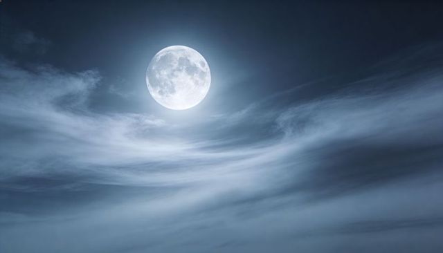Glowing Full Moon Over Wispy Clouds Revealing Crater Detail and Lunar Halo, Moody Night