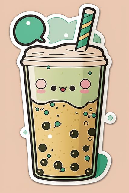 Composition of colorful kawaii cartoon bubble tea sticker on pink background. Stickers and pattern concept digitally generated image.