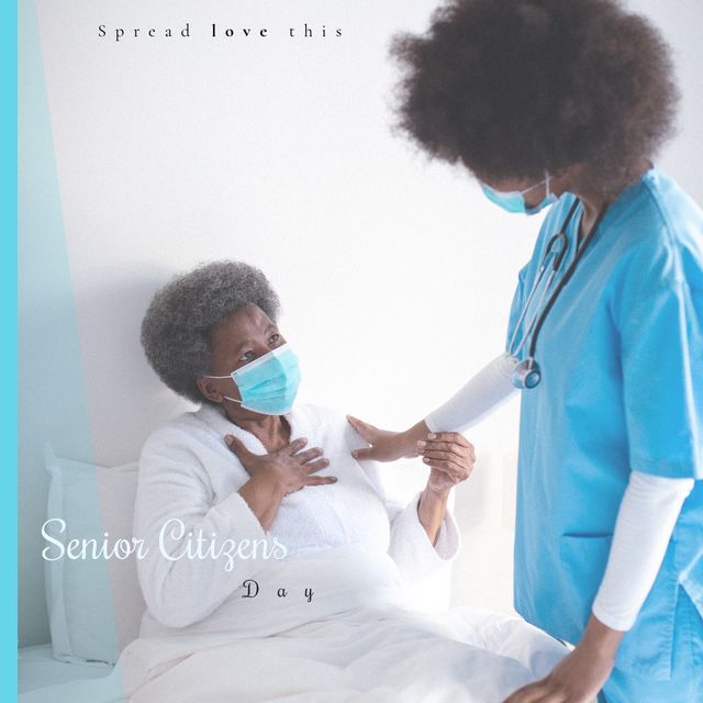 Composite of african american doctor examining senior woman and spread love this senior citizens day. Text, hospital, covid, retirement, healthcare, abuse, awareness, acknowledge and prevention.
