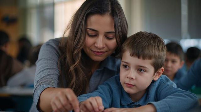 Teacher guiding young student through hands-on learning at classroom desk