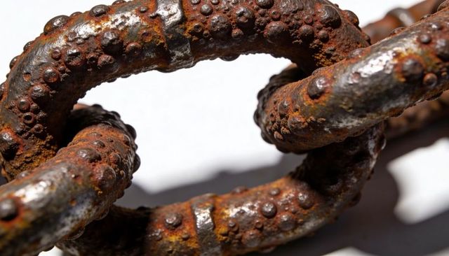 Rusty industrial chain closeup showing heavy corrosion, pitting, nodular rust texture