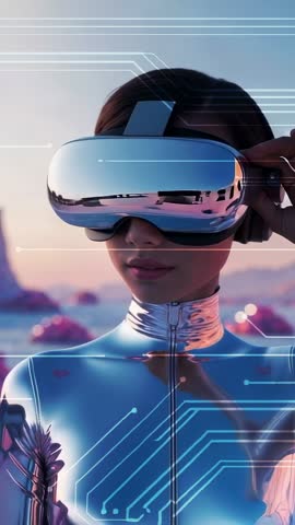 Vertical VR Scene Showing User Adjusting Headset in Futuristic Neon Cyber Landscape