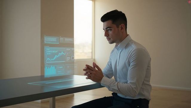 Professional analyzing holographic data dashboard above minimalist desk in bright office
