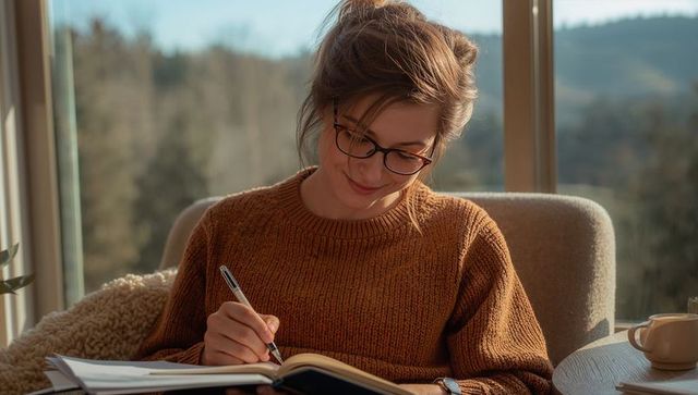 Woman writing in journal by sunlit window wearing rust sweater and glasses, cozy scene