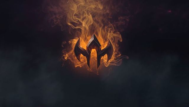 Fiery three-pronged emblem with mystical flames in dark atmosphere