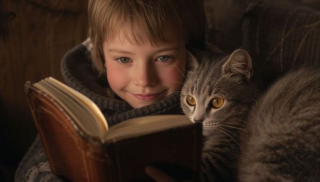 Child reading leather-bound book while grey tabby cuddling in cozy rustic wooden nook