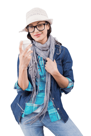 Transparent Background Happy Woman Holding Coffee Cup in Casual Clothing