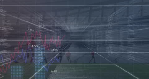 Financial Data Animating Over Cityscape with Bright Charts