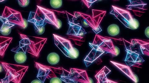 Futuristic Neon Wireframe Pyramids in Motion with Green Flares