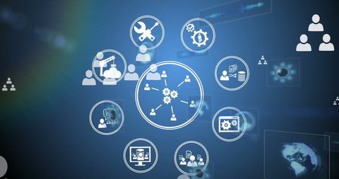 Digital Network Diagram with Technology Icons on Blue Background - Download Free Stock Images Pikwizard.com