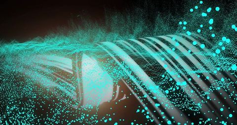 Dynamic digital waveform with teal and white particle streaks