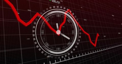 Analog Clock with Falling Red Financial Chart on Futuristic Dark Grid Data Dashboard