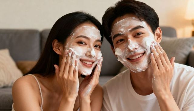 Asian couple applying foamy facial masks at home smiling during cozy skincare routine